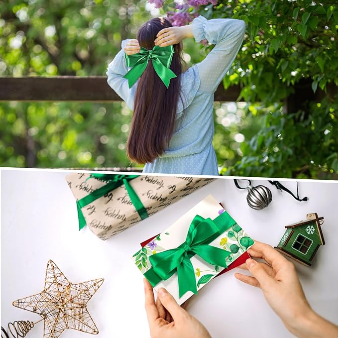 Green Ribbon 1 Inch 50 Yards Christmas Satin Ribbon for Holiday Decor Christmas Craft Nature Irish Party Gift Wrapping Xmas Decorations