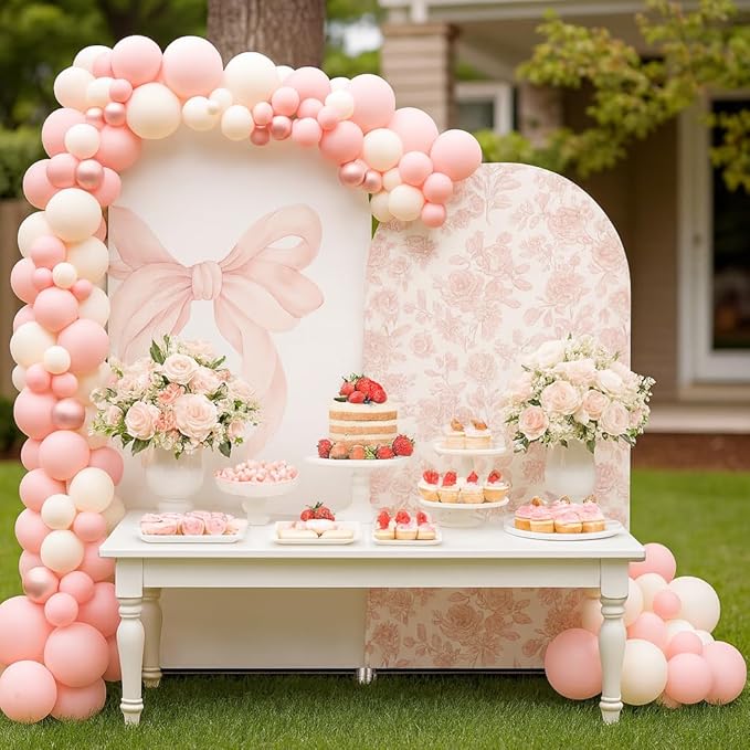 2Pcs Toile de Jouy Pink Bow and Floral Arch Backdrop Covers, Romantic French Style Spandex Arch Covers for Baby Shower, Girl Birthday, Wedding Party Decorations (6ft,5ft)
