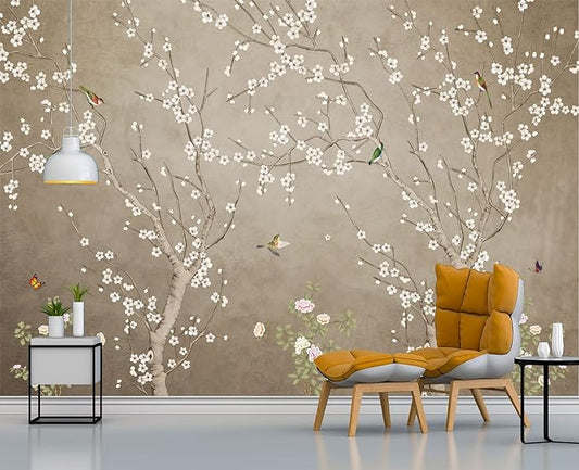 Plum Blossom Flower Bird Chinoiserie Wall Mural Wallpaper for Bedroom 137" x 100"