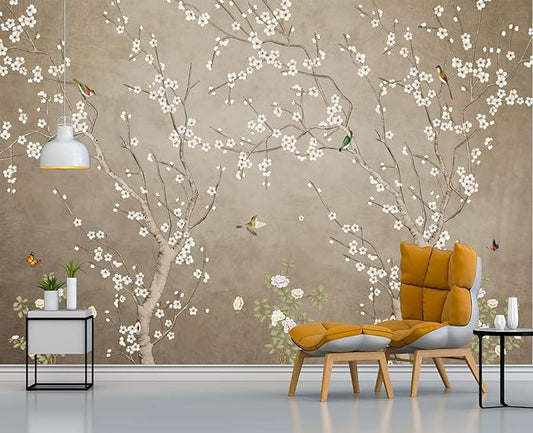 Plum Blossom Flower Bird Chinoiserie Wall Mural Wallpaper for Bedroom 178" x 117"