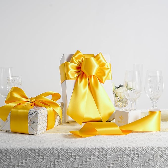 MEEDEE Yellow Satin 3 Inch Ribbon Lux Double Faced Satin Ribbon Wide Fall Autumn Colored Ribbons by 10 Yards Yellow Ribbons for Christmas Tree, Weddings, Flower Bouquet, Wreath Bow Making