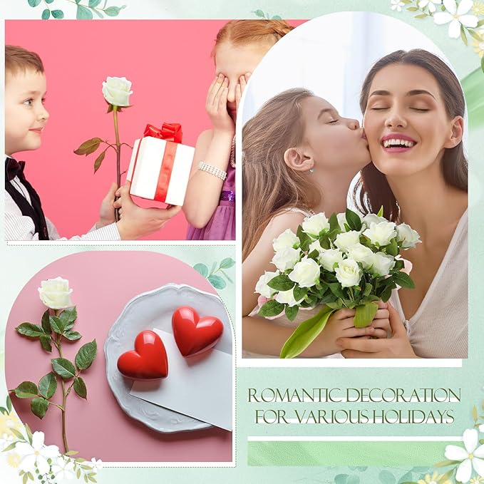 Hotop 120 Pcs Roses Artificial Flowers in Bulk,Long Stem Artificial Flower Bouquet,Silk Real Touch Fake Rose for Wedding Party Table Centerpieces Decor Valentines Gifts(White)