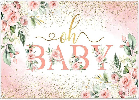 Mocsicka Oh Baby Backdrop Pink Floral Baby Shower Banner for Girls Party Decorations Photo Booth Props (Pink, 8x6ft)