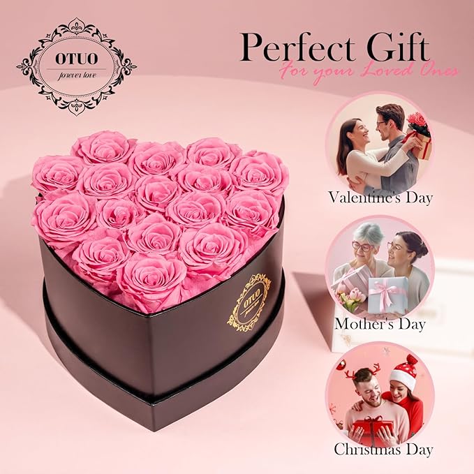 16 Preserved Roses in Heart-Shaped Box, Flowers for Delivery Prime Last up 2 Years, Real Forever Flowers for Wife, Girlfriend, Mother, Eternal Roses for Anniversary - Pink