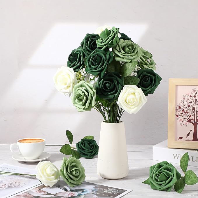 50 Pcs Artificial Foam Rose Flowers Faux Bouquet with Leaves and Stems for DIY Wedding Bouquets Centerpieces Bridal Shower Party Valentine Home Decorations (Gradient Green)