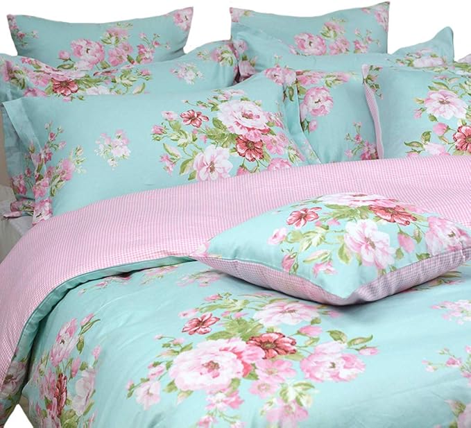 FADFAY Shabby Floral Duvet Cover Set Pink Grid Cotton Farmhouse Bedding with Hidden Zipper Closure 3 Pieces, 1duvet Cover & 2pillowcases,King/California King Size