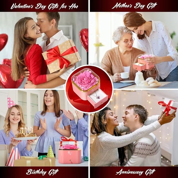 Chritmas Rose Gifts for Women,Preserved Rose with Necklace Forever Flowers Pink Rose Birthday Gifts for Women Mom Grandma Her Wife Girlfriend on Christmas Valentines Day Anniversary Birthday Gifts