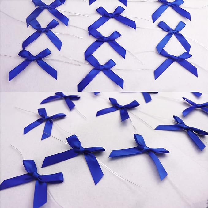 100 PCS 3 Inches Satin Bow Twist Ties, Ribbon Twist Tie Bows for Treat Bags, Pretied Bows, Twist Tied Bows with Wire for Bags, Pre Tied Ribbon Bows for Baby Shower, Favors, Popcorn(Royal Blue)