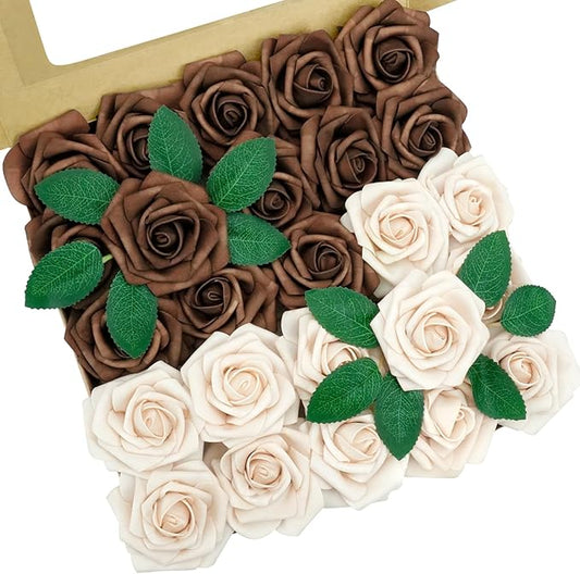 Artificial Flowers, 100pcs Brown and Tan Artificial Flower for DIY Wedding Bouquets Centerpieces Arrangements, Artificial Rose with Stem for Party Home Decorations