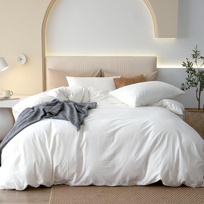 JIYUAN 100% Washed Cotton Duvet Cover Set 3 PCS Oversized King Plus, 1 Duvet Cover 128"x120"(Comforter Not Included) and 2 Pillowcases,Linen Feel Bedding Set Comfy and Breathable,Bright White
