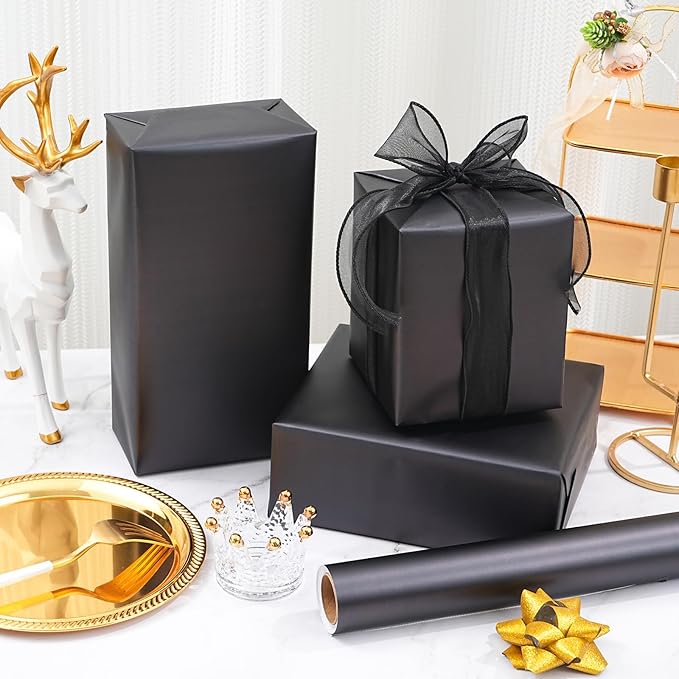 ZINTBIAL Matte Black Wrapping Paper Roll with Cut Lines - Solid Black Holiday Gift Wrap for Graduation, Birthdays, Wedding, Christmas, All Occasion - 17.5 in x 33 ft (48 sq. ft), Easy to Cut