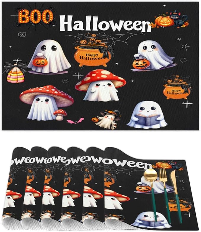 Halloween Ghosts Pumpkin Cute Placemats Set of 1 PVC Vinyl Non Slip Table Mats Heat Resistant Place Mats Washable Wipeable Dining Table Mat for Kitchen Decor Party Indoor Outdoor Decorative Gift