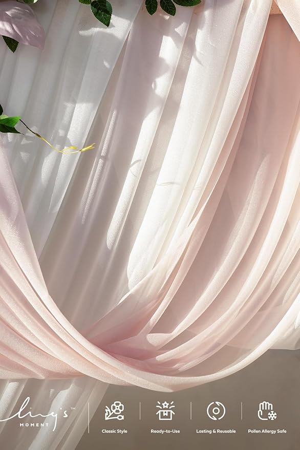Ling's moment Deluxe Spring Pink Artificial Wedding Arch Flowers with Drapes Kit-Pack of 5, 2pcs Flower Arrangements 3pcs Hanging Sheer Drapes Ceremony Arbor Reception Backdrop Floral Decoration