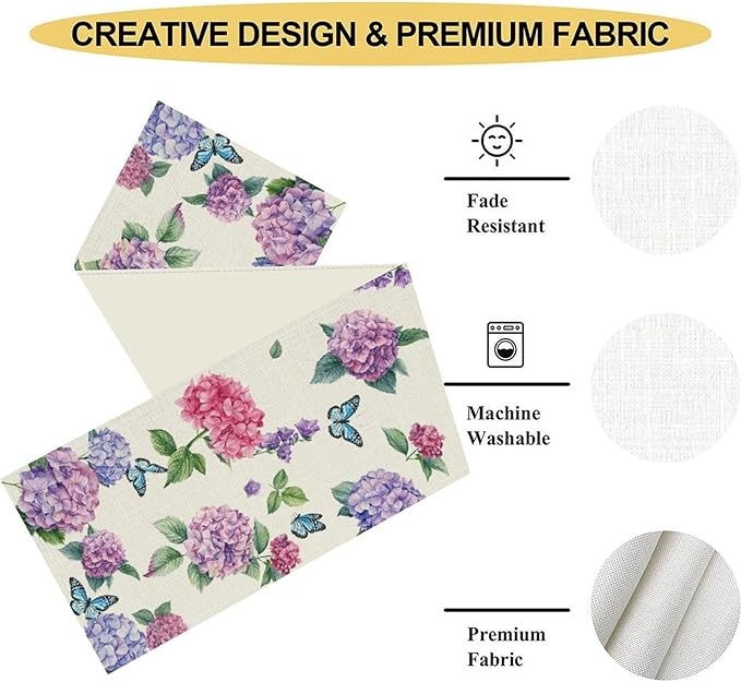 Hydrangea Table Runner, Spring Summer Watercolor Purple Floral Seasonal Country Farmhouse Coffee Table Center Decor for Home Kitchen Dining Patio Holiday Party Table Decorations 13x90 inches
