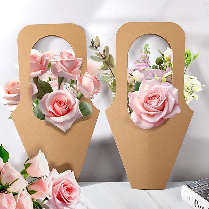 Cyblinia 25 Pack Paper Flowers Gift Bags Flower Bouquet Bags with Handle Flower Wrapping Bags for Wedding,Valentine's Day,Florist Shop Packaging Supplies, Inches, Brown