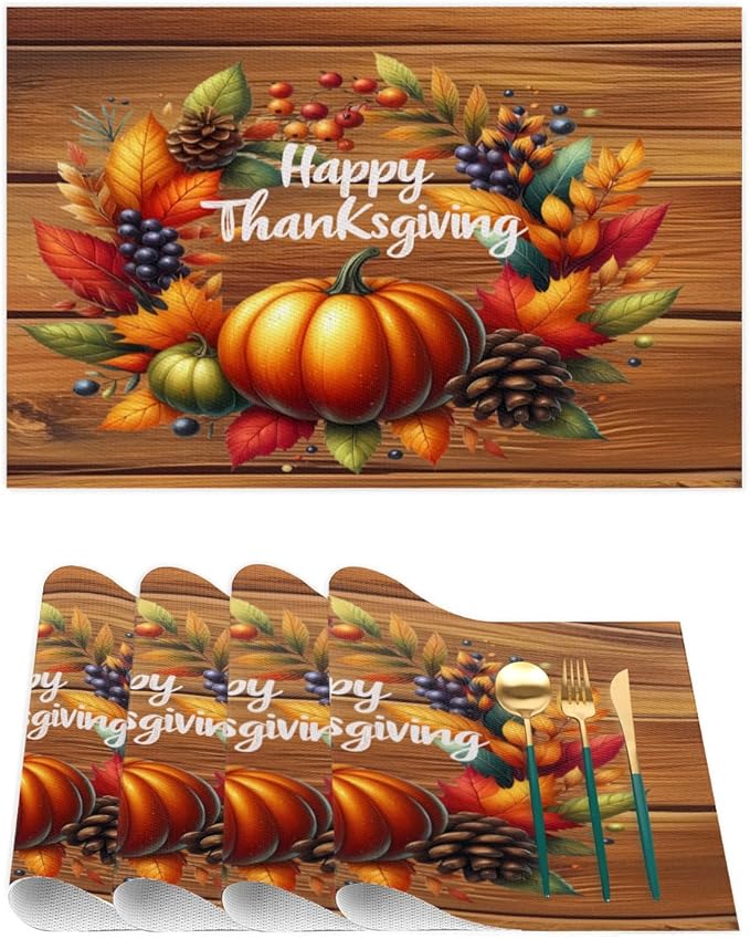Thanksgiving Pumpkin Holiday Rainbow Placemats Set of 6 PVC Vinyl Non Slip Table Mats Heat Resistant Place Mats Washable Wipeable Dining Table Mat for Kitchen Party Indoor Outdoor Decorative Gift