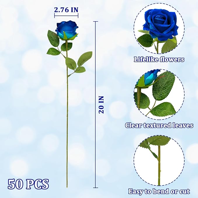Wondrus Bulk Artificial Flowers 50 PCS, Fake Velvet Silk Blue Roses with Long Stems Realistic Bouquet for Wedding Centerpieces, Faux Arrangement for Home Table Decor