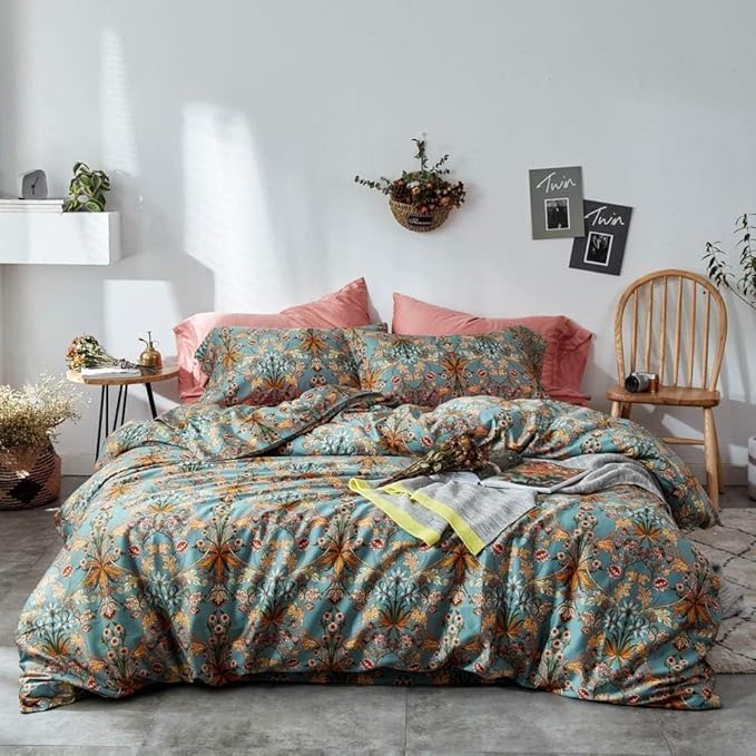 EAVD Vintage Style Floral Duvet Cover Twin Soft 100% Cotton Flower Bedding Set for Girls Women Reversible Chic Shabby Botanical Floral Comforter Cover with 2 Pillowcases Zipper