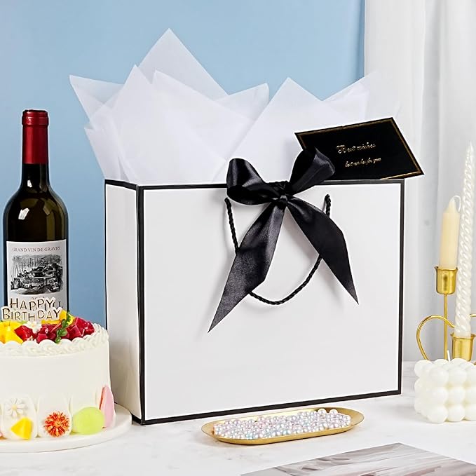 White Gift Bags 13 x 10 x 4’’, Portable Gift Bag Set with Tissue Paper and Greeting Cards, 2 PCS Gift Bags with Handles Ribbon for Women Men, Paper Present Bags for Birthday Party Wedding Christmas