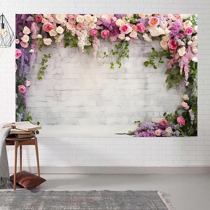 5x3ft Wedding Backdrop Rustic White Brick Wall Flowers Photography Background Bridal Shower Wedding Party Adults Portraits Decoration Supplies Photo Booth Props