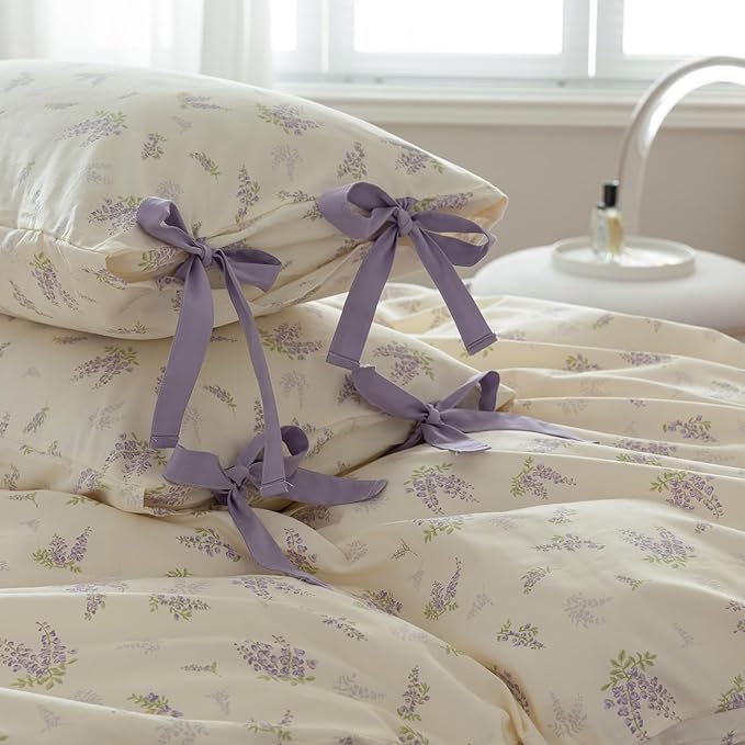 HighBuy Botanical Floral Duvet Cover Full Boho Duvet Cover Set Soft Cotton Coquette Bedding White Duvet Cover Set Floral Duvet Cover,Soft Cotton Full Bedding Set with 2 Bowknot Bow Tie Pillowcases