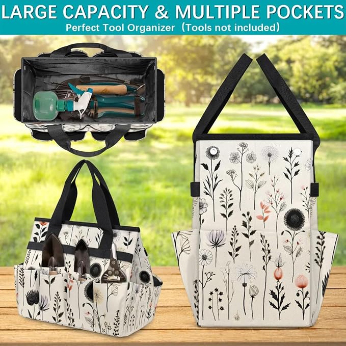 Garden Tool Bag Organizer Garden Tote Bag with Pockets Flowers Herbs Plant Tool Storage Organizer Gardening Tool Kit Holder 13" x 6.8" x 2.8"
