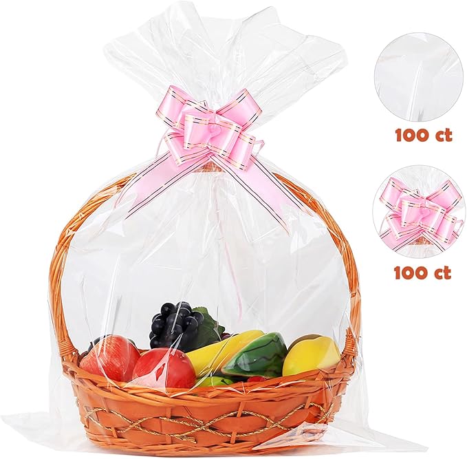 UltraOutlet 100 Packs Large Cellophane Bags 18" x 24" Clear Cellophane Gift Basket Wraps 2.3 Mil Thick Clear Cello Bags for Fruit Basket, Gift Wrap, Treats, Arts and Crafts, 100ct Ribbon Bows