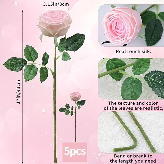 5Pcs Realistic Touch Artificial Roses - Moisturizing Faux Roses for Home Decor, Weddings, Parties, Gifting, Gardening & Floral Arrangements (Pink)