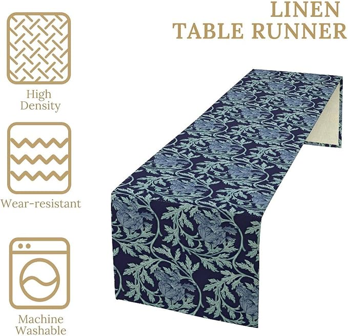 Vintage William Morris Table Runner, Retro Blue Floral Botanical Plant Farmhouse Design Table Runner for Kitchen Dining Party Holiday Decortaion, 13x60 Inch