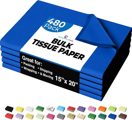 Party Solids Dark Blue Tissue Paper for Gift Bags - 15" X 20" Bulk Tissue Paper Dark Blue 480 Sheets - 10lb Newsprint for Packing, Birthday Gift Box Filler, Packing Supplies for Moving Supplies