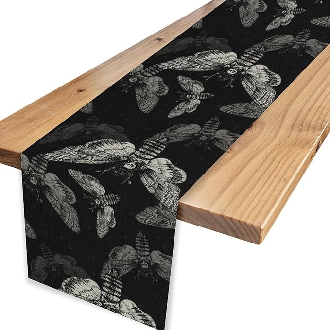 Gothic Moth Table Runner, Boho Gothic Mystical Witchy Skull Retro Farmhouse Coffee Table Center Decor for Home Kitchen Dining Patio Holiday Party Table Decorations 13x90 inches