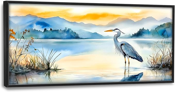 Heron Bird Large Decor Wall Art Mountain Landscape Framed Pictures for Living Room, Oversized Canvas Print Painting Modern Extra Large Framed Artwork for Bedroom Office Home Decor 60"x30"