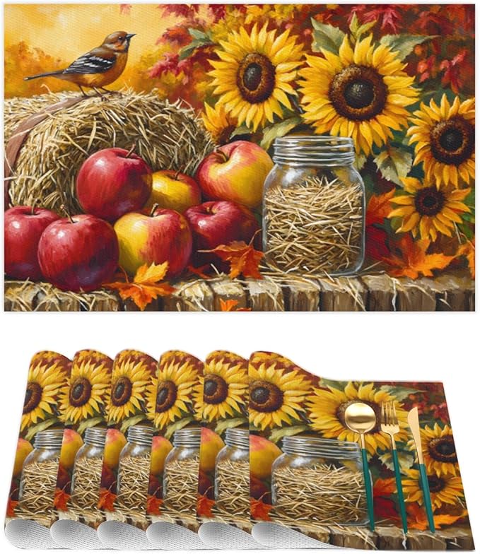 Autumn Apple Flower Sunflower Placemats Set of 4 PVC Vinyl Non Slip Table Mats Heat Resistant Place Mats Washable Wipeable Dining Table Mat for Kitchen Decor Party Indoor Outdoor Decorative Gift