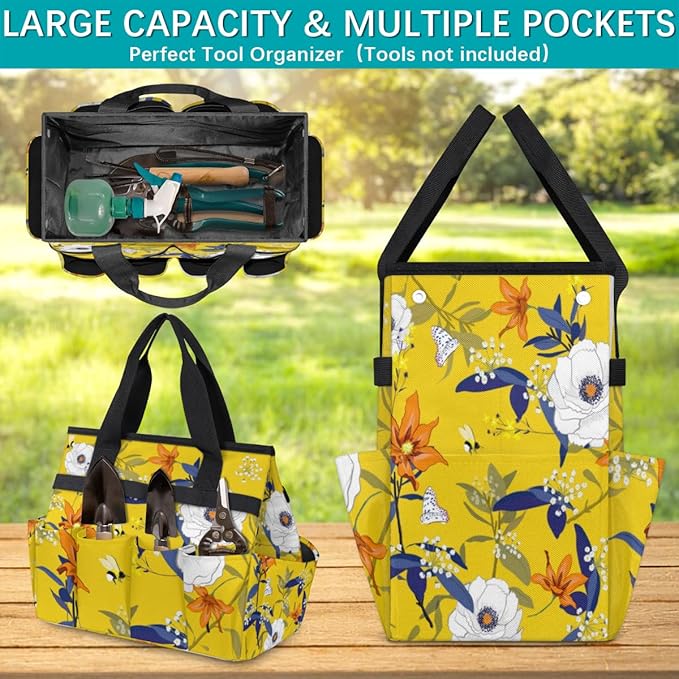 Flower Bee Butterfly Garden Tool Tote Bag for Women Men Gardening Tool Storage Bags with 10 Pockets Standable Garden Home Tool Kits Organizer for Indoor Outdoor Gardening Gifts
