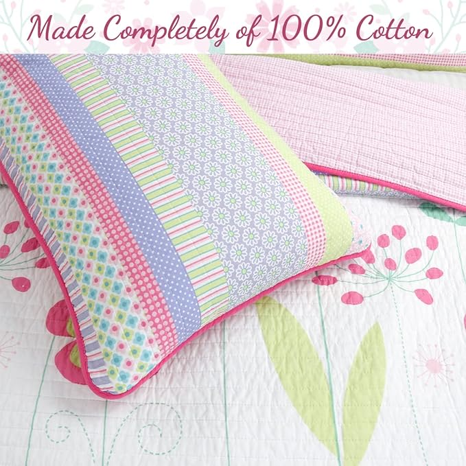 Cozy Line Home Fashions Pink Lavender Green Floral Print Girl 100% Cotton Reversible Quilt Bedding Set, Coverlet, Bedspread (Blossom, Queen - 6 Piece)