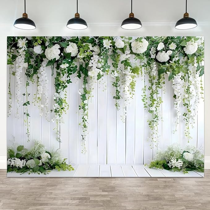 7x5ft White Flower Backdrop Green Leaves Wedding Bridal Shower Photography Background Floral Rustic Wood Wall Birthday Party Banner Decorations Reception Ceremony Portrait Photo Booth Prop