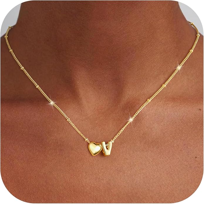 Ursteel Stocking Stuffers for Teen Girls Women - Christmas Gifts for Grandkids, 14K Gold Plated Initial Heart Necklace for Women Trendy, Dainty Letter A-Z Lockets Necklaces Personalized