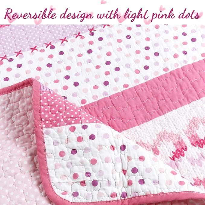 Cozy Line Home Fashions 100% Cotton Pink Heart Polka Dot Girl Reversible Bedding Quilt Set, Bedspread Coverlet for All Seasons (Butterfly Knit, Queen-3 Piece)