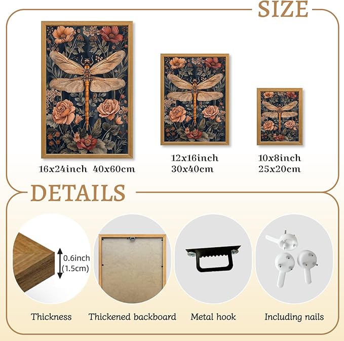 LLEEMPI William Morris Wall Art, Vintage Dragonfly Floral Wall Decor, Abstract Insect Flower Canvas Painting, Nature Botanical Poster Print for Living Room Bedroom Bathroom Office Wood Framed 8x10 inch