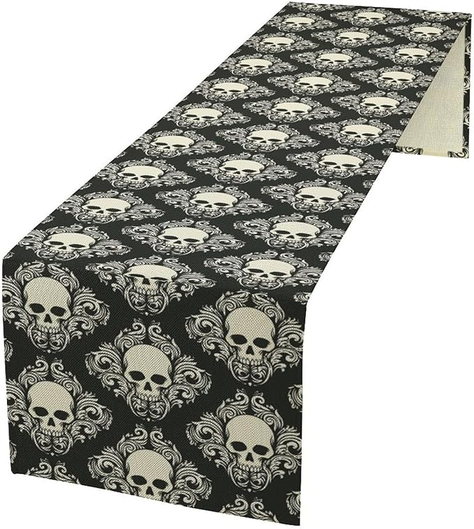 Gothic Table Runner,Dark Skull Pattern Table Runner for Home Kitchen Table Dining Garden Farmhouse Wedding Party Deco 13x60 Inch