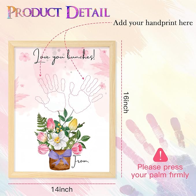 DIY Flower Bouquet Handprint Craft Kit for Grandma, Unique Gifts for Grandma, Birthday Gifts for Mom Grandma Nana Mimi, Thanksgiving (12" x 16", 2 Art Papers, Wood Frame)