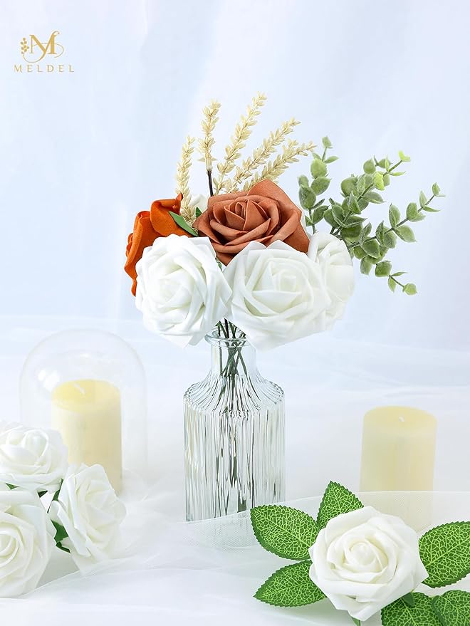 Meldel Artificial Flower 25pcs Real Touch Ivory Fake Foam Roses with Stems for DIY Wedding Bouquets Gifts White Bridal Shower Faux Floral Centerpieces Arrangements Home Party Tables Decorations
