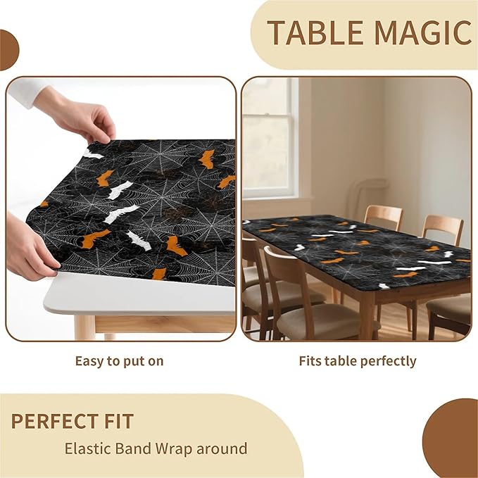 Rectangle Table Cloth Cover Waterproof Elastic Fitted Polyester Fitted Tablecloths for 6 Foot Tables for Indoor,Picnic, Camping, Outdoor （60" x 30"，Halloween）