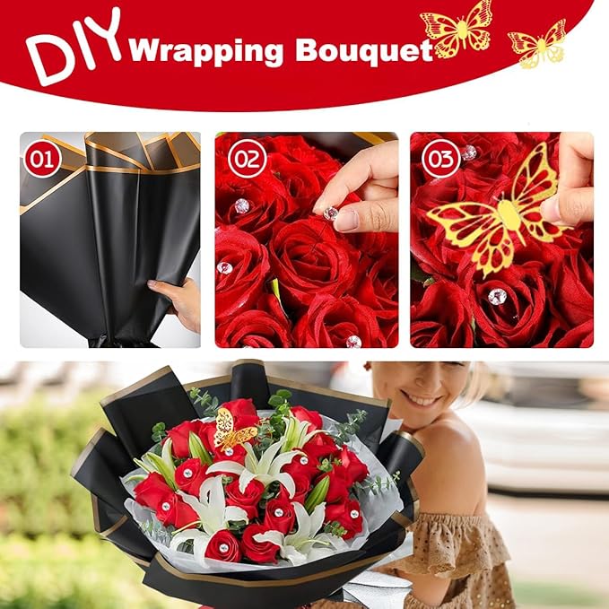 20 Sheets Flower Wrapping Paper,Black Floral Wrapping Paper Bouquet Kit with 100 Pcs Diamond Bouquet Pins 48Pcs 3D Gold Butterflies 1Roll Ribbon 10 Cards for Graduation Birthday Wedding DIY Craft