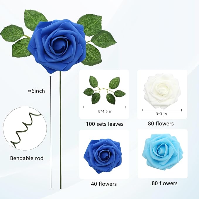 JOYLEX Artificial Flowers Realistic Roses, Real Looking Fake Roses with Stem for DIY Wedding Bouquets Centerpieces Bridal Shower Party Home Romantic Decorations (Shades of Blue, Regular 3" - 200pcs)