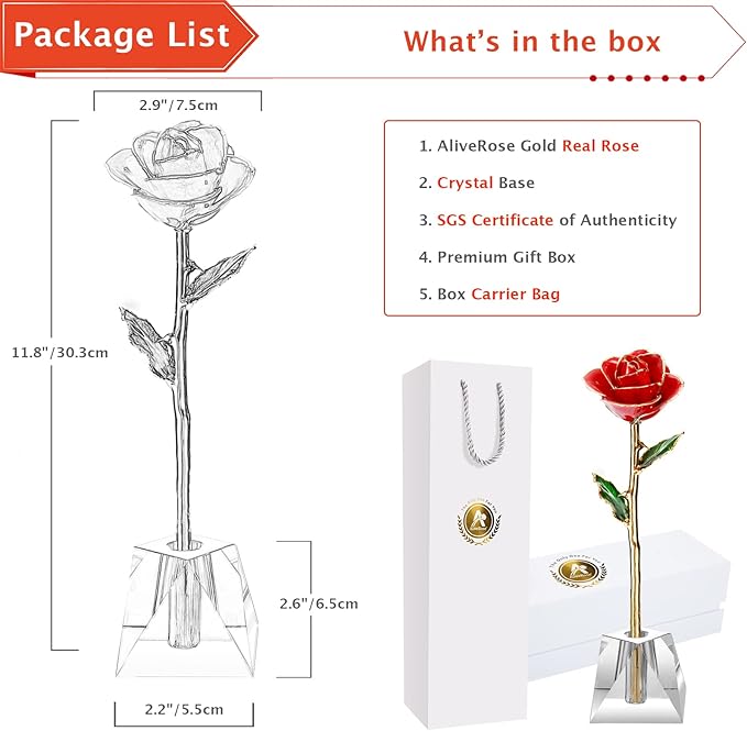 AliveRose Valentines Day Gift Rose, Long Stem Rose Made from 24K Gold Dipped Real Rose Gift for her Rose(Red with Crystal Vase)