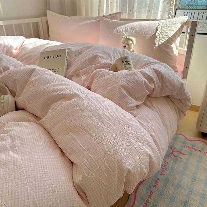 LifeTB Pink Gingham Duvet Cover Queen Size 3 Pieces Romantic Lace Duvet Cover Pink Plaid Checkered Comforter Cover with 2 Pillowcases Soft Breathable Microfiber Grid Farmhouse Plaid Bedding Set