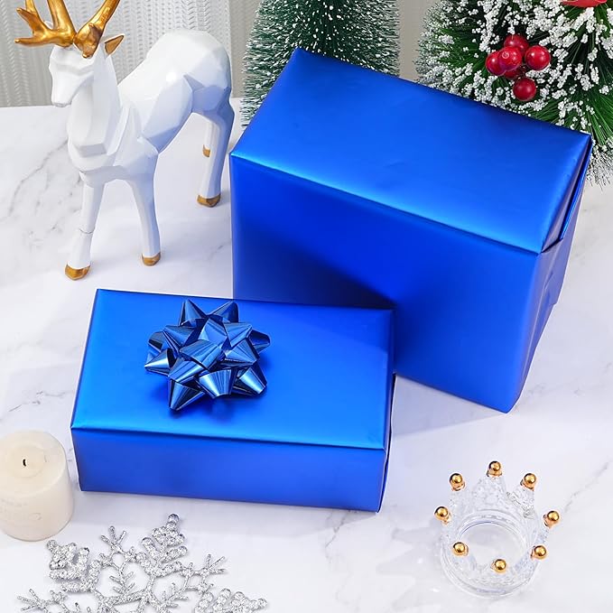 ZINTBIAL Metallic Blue Wrapping Paper Roll with Cut Lines - Solid Blue Holiday Gift Wrap for Graduation, Christmas, Birthdays, Baby Shower, Wedding - 17.5 in x 33 ft (48 sq. ft), Easy to Cut