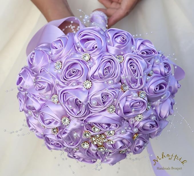 Bridal Wedding Bouquet Round Bling Brooch Bouquet Throw Toss Artificial Rose Flower Bunch for Bride Bridesmaid Wedding Quinceanera(Light Purple, 6.3")