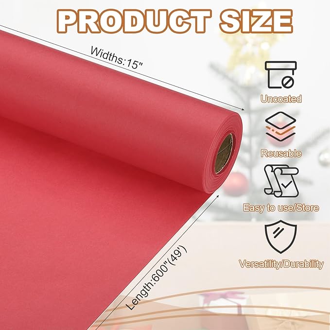 PATIKIL Wrapping Paper, 15" x 600"(49') 70 GSM Craft Paper Roll Kraft Packing Paper for Poster Bulletin Board, Gift Wrapping, Red